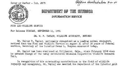 Dr. W.P. Taylor, Wildlife Authorty, Retires September 11, 1951