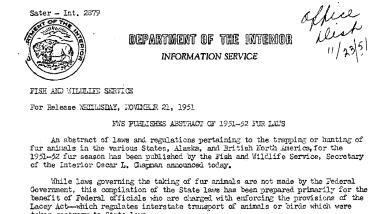 FWS Publishes Abstract of 1951-52 Fur Laws November 21, 1951