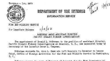 Mckerman Named Assistant Director Pacific Oceanic Fishery Investigations January 18, 1952