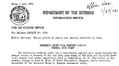 Harlequin Ducks Will Feature 1952-53 Federal Duck Stamp January 24, 1952