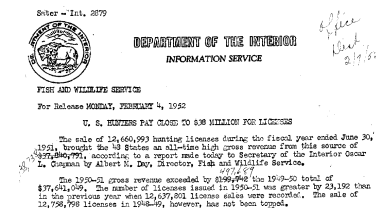 U.S. Hunters Pay Close to $38 Million for Licenses February 4, 1952
