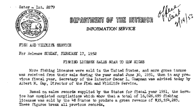Fishing License Sales Soar to New Highs February 17, 1952