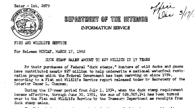 Duck Stamp Sales Amount to $27 Million in 17 Years March 17, 1952