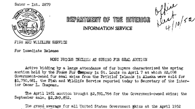Most Prices Decline at Spring Fur Seal Auction April 10, 1952