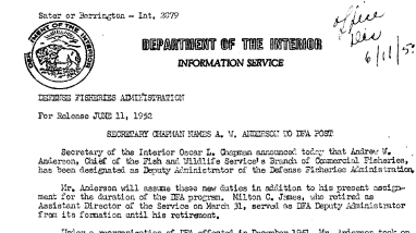 Secretary Chapman Names A.W. Anderson to DFA Post June 11, 1952