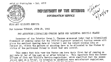 FWS Announces Liberalized Opening Dates for Waterfowl Shooting Season June 24, 1952