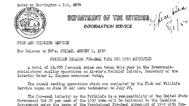 Pribilof Islands Fur-Seal Take for 1952 Announced August 1, 1952