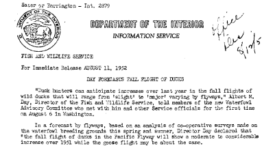 Day Forecasts Fail Flight of Ducks August 11, 1952