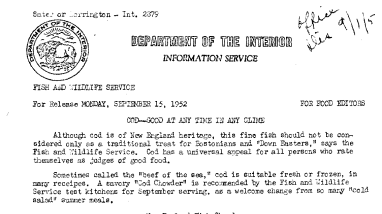 Cod--Good at Any Time in Any Clime September 15, 1952