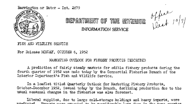 Marketing Outlook for Fishery Products Described October 6, 1952