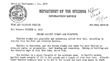 Frozen Halibut Steaks Are Plentiful October 8, 1952