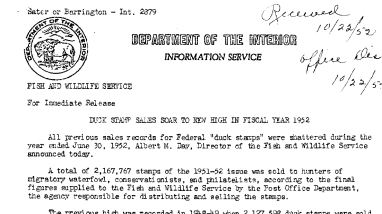 Duck Stamp Sales Soar to New High in Fiscal Year 1952 October 22, 1952 B