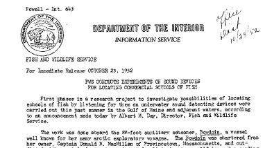FWS Conducts Experiments on Sound Devices for Locating Commercial Schools of Fish October 23, 1952