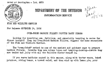 Oven-Fried Haddock Fillets Provide Tasty Dinner November 14, 1952 A