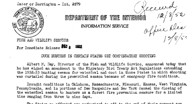 Duck Hunters in Certain States Get Compensatory Shooting December 8, 1952