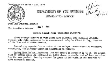 Hunting Season Finds Geese More Plentiful December 9, 1952