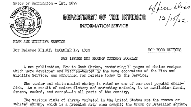 FWS Issues New Shrimp Cookery Booklet December 12, 1952