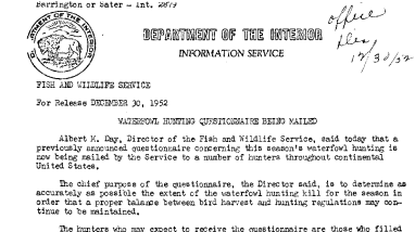 Waterfowl Hunting Questionnaire Being Mailed December 30, 1952 A