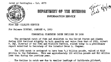 Commercial Fisheries Catch Declines in 1952 January 6, 1953 A