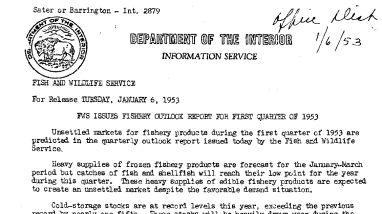 FWS Issues Fishery Outlook Report for First Quarter of 1953 January 6, 1953 B