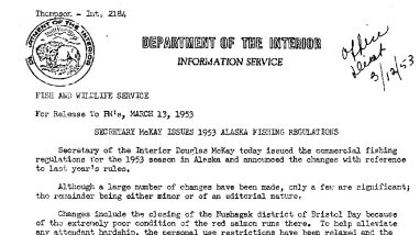 Secretary Mckay Issues 1953 Alaska Fishing Regulations March 13, 1953