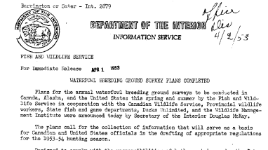 Waterfowl Breeding Ground Survey Plans Completed April 1, 1953 A