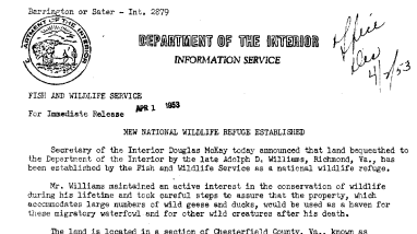 New National Wildlife Refuge Established (Presquile) April 1, 1953 B