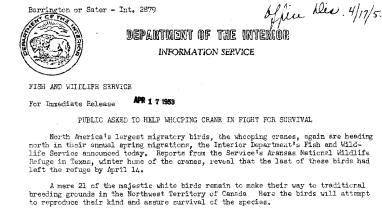 Public Asked to Help Whooping Crane in Flight for Survival April 17, 1953 A