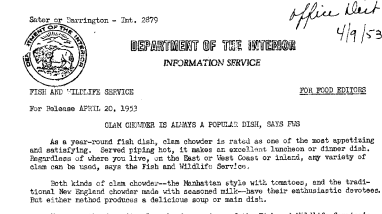 Clam Chowder Is Always A Popular Dish, Says FWS April 20, 1953