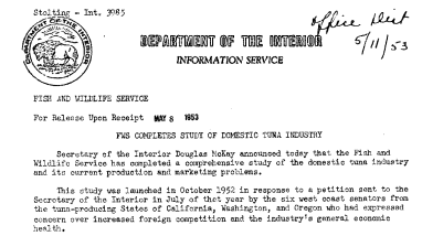 FWS Completes Study of Domestic Tuna Industry May 8, 1953 A