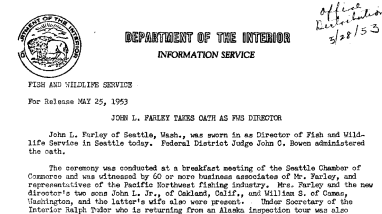 John L. Farley Takes Oath as FWS Director May 25, 1953