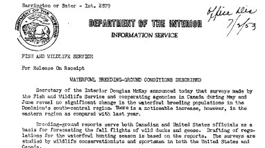 Waterfowl Breeding-Ground Conditions Described July 2, 1953
