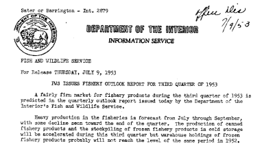FWS Issues Fishery Outlook Report for Third Quarter of 1953 July 9, 1953