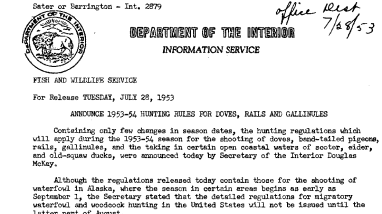 Announce 1953-54 Hunting Rules for Doves, Rails, and Gallinules July 28, 1953