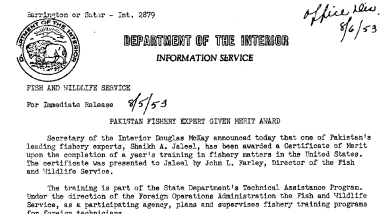 Pakistan Fishery Expert Given Merit Award August 5, 1953
