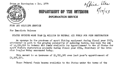 States Recieve More Than $4 Million in Federal Aid Funds for Fish Restoration August 19, 1953 B