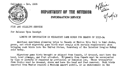 Limits on Importation of Migatory Game Birds for Season of 1953-54 August 20, 1953