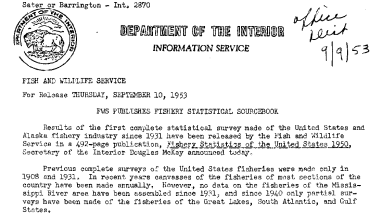 FWS Publishes Fishery Statistical Sourcebook September 10, 1953 A