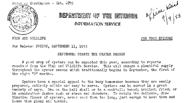 September Starts the Oyster Season September 11, 1953