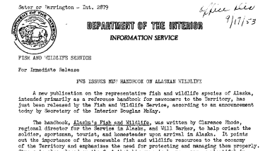 FWS Issues New Handbook on Alaska Wildlife September 17, 1953
