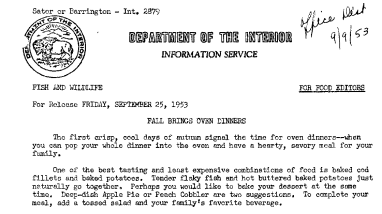 Fall Brings Oven Dinners September 25, 1953 A