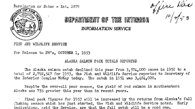 Alaska Salmon Pack Totals Reported October 1, 1953