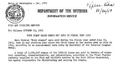 Duck Stamp Sales Reach New High in Fiscal Year 1953 October 23, 1953