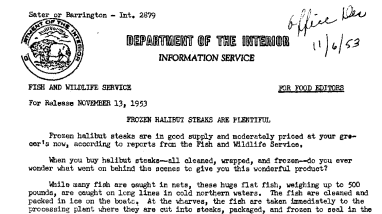 Frozen Halibut Steaks Are Plentiful November 13, 1953