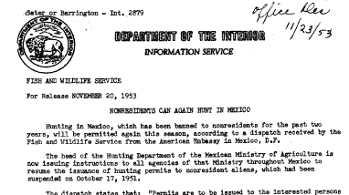 Nonresidents Can Again Hunt in Mexico November 20, 1953