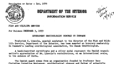 Government Ornithologist Honored by Denmark December 3, 1953