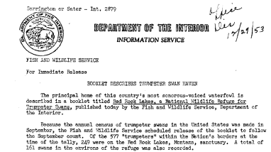 Booklet Describes Trumpeter Swan Haven December 29, 1953