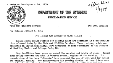 FWS Issues New Booklet on Clam Cookery January 6, 1954