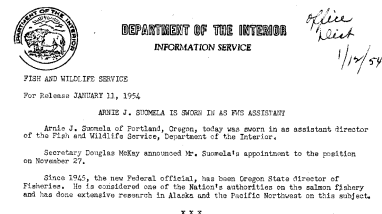Arnie J. Suomela Is Sworn in as FWS Assistant January 11, 1954 B