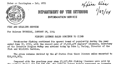 Fishing License Sales Continue to Climb January 28, 1954